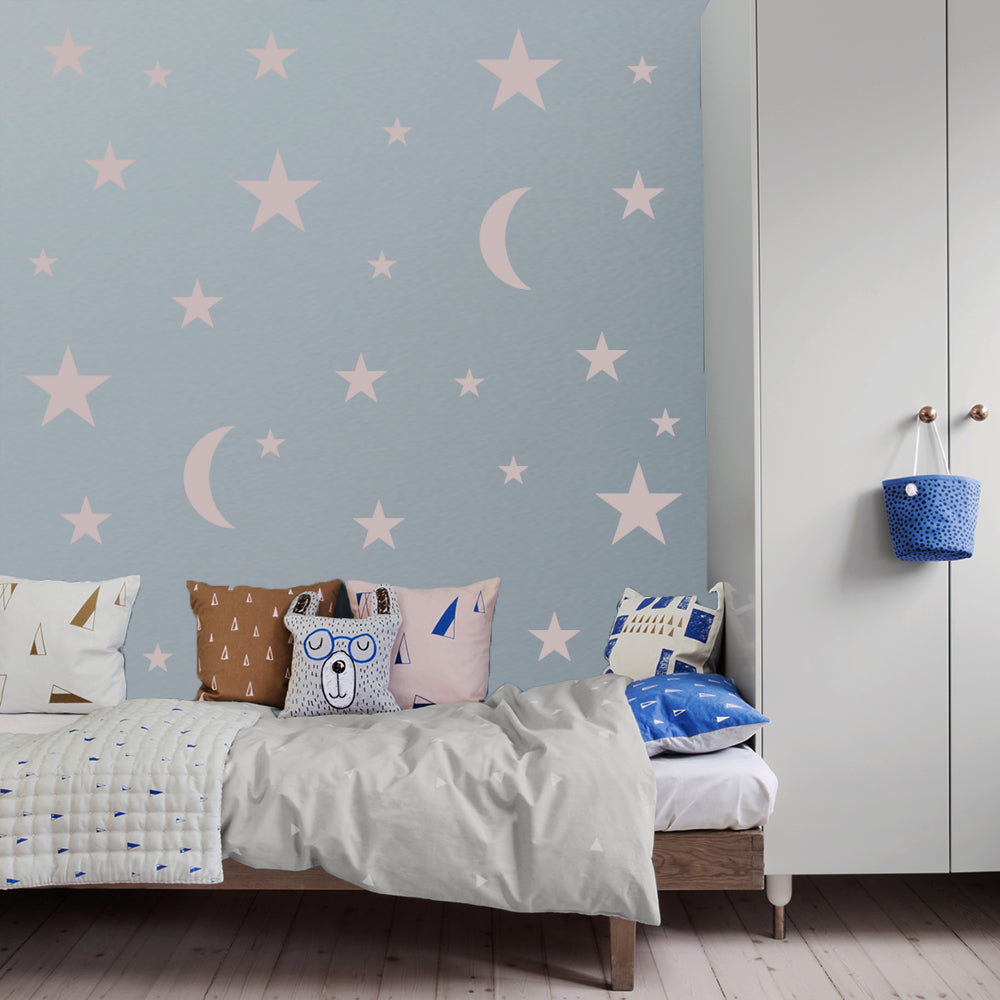 Vinilos Decorativos, Set 2 Luna + 18 Estrellas Rosa bebé