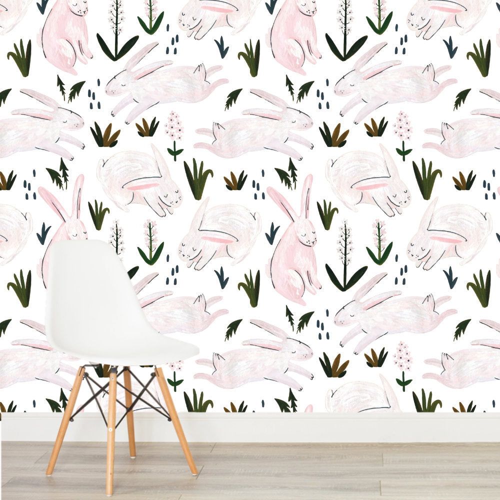 Papel Tapiz Autoadhesivo de Conejitos y Flores