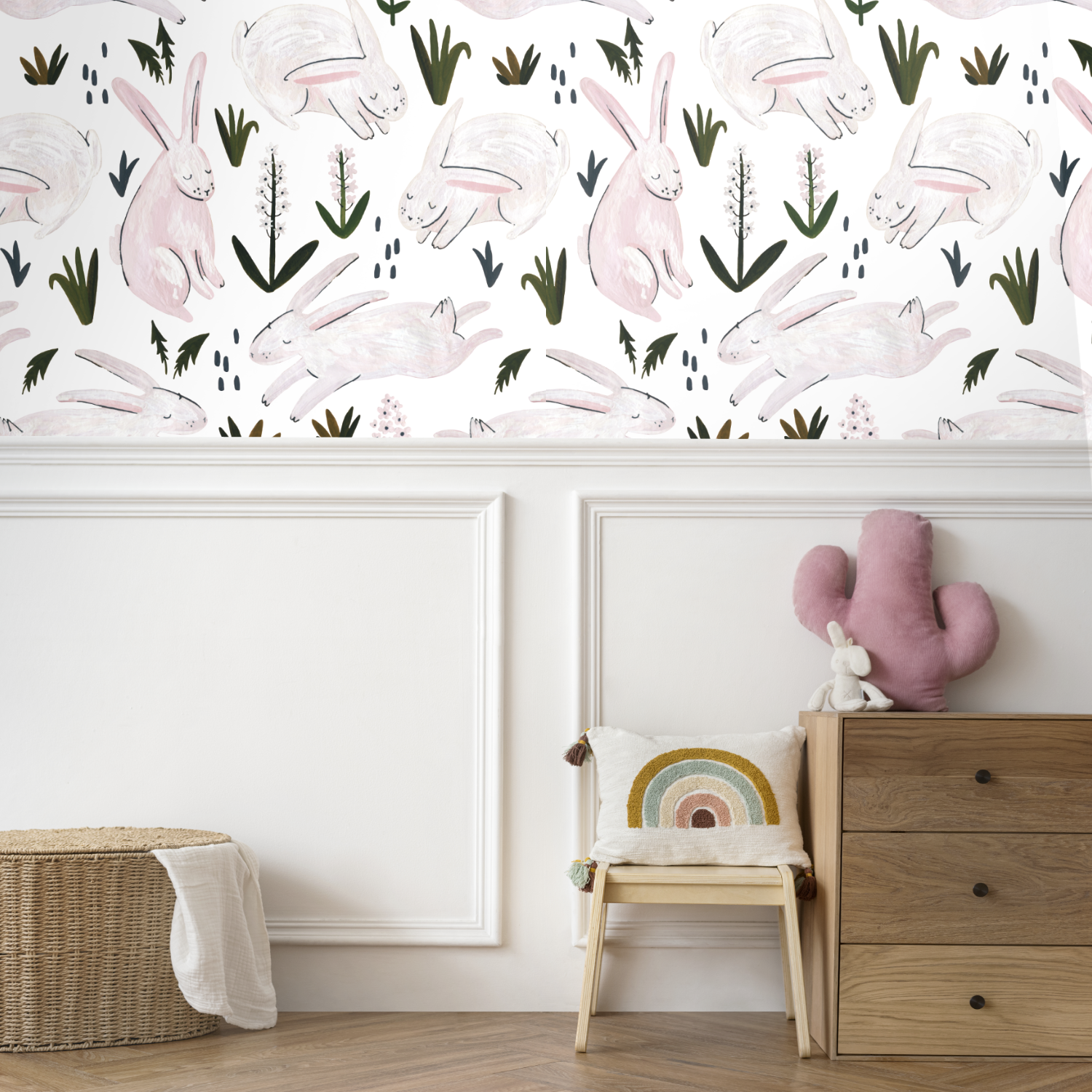 Papel Tapiz Autoadhesivo de Conejitos y Flores