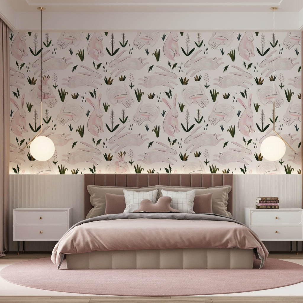 Papel Tapiz Autoadhesivo de Conejitos y Flores
