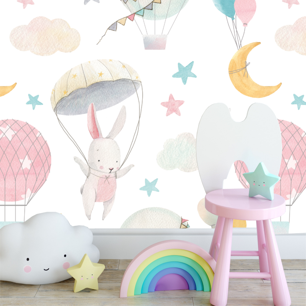 Papel Tapiz Autoadhesivo de Conejitos en Globos - Mural Infantil de Fantasía