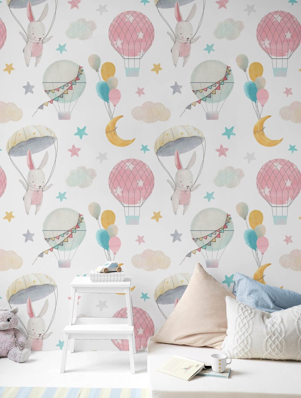 Papel Tapiz Autoadhesivo de Conejitos en Globos - Mural Infantil de Fantasía