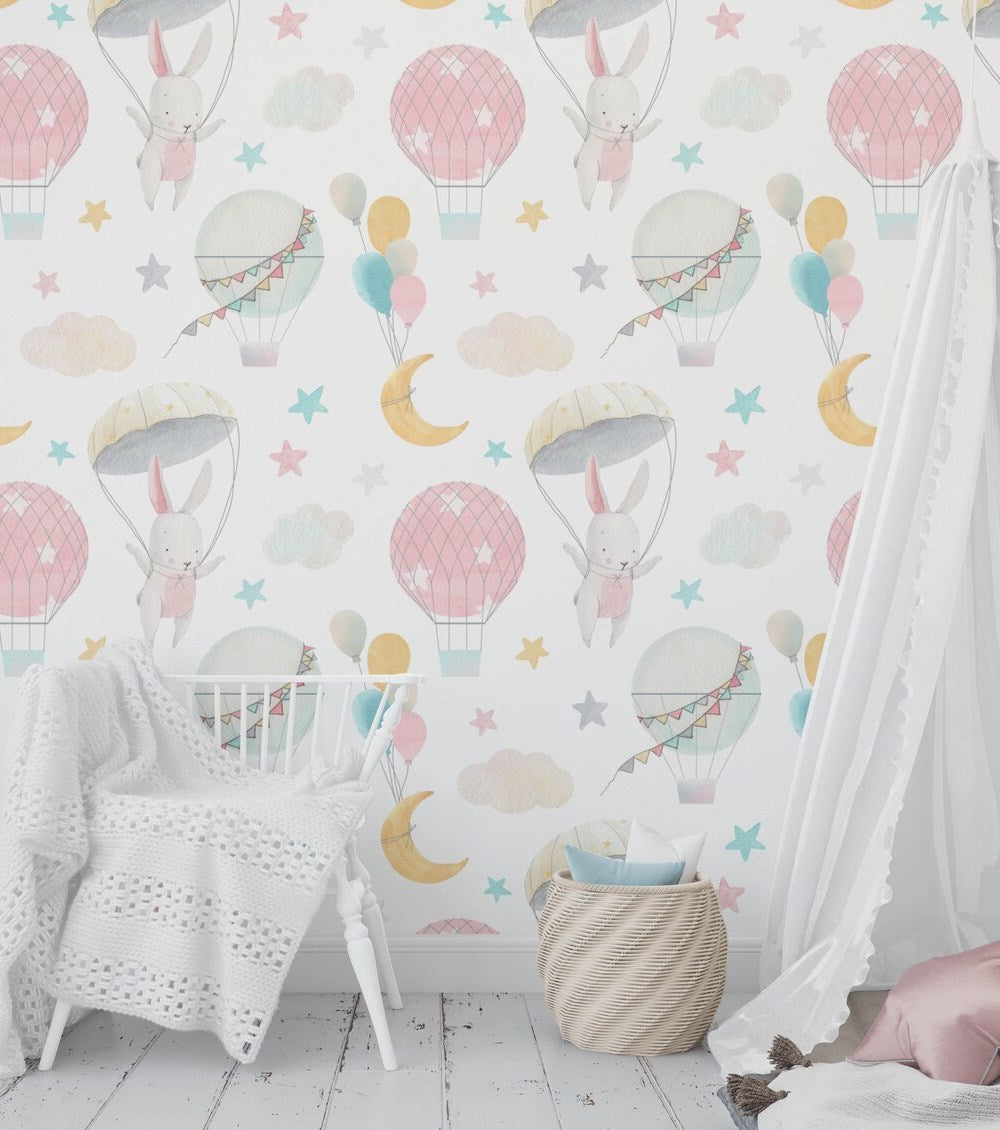 Papel Tapiz Autoadhesivo de Conejitos en Globos - Mural Infantil de Fantasía