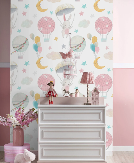 Papel Tapiz Autoadhesivo de Conejitos en Globos - Mural Infantil de Fantasía