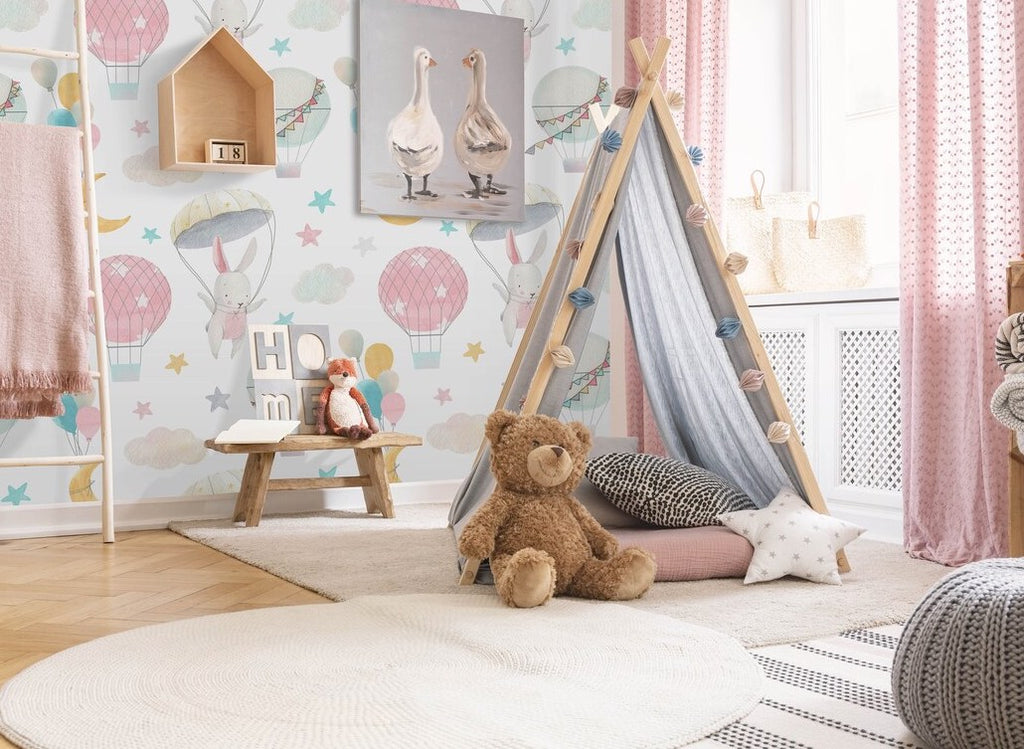 Papel Tapiz Autoadhesivo de Conejitos en Globos - Mural Infantil de Fantasía