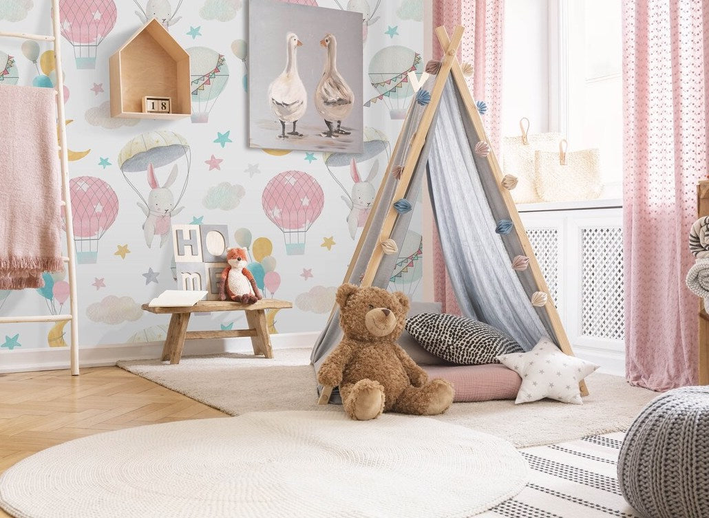 Papel Tapiz Autoadhesivo de Conejitos en Globos - Mural Infantil de Fantasía
