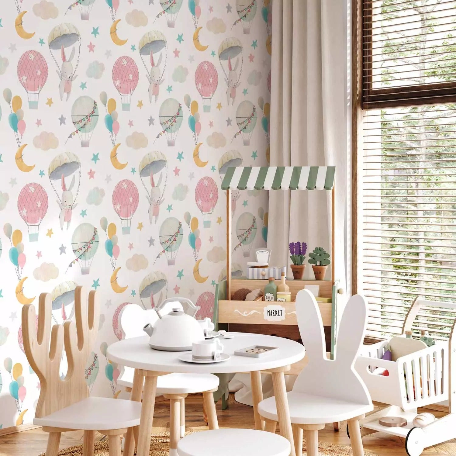 Papel Tapiz Autoadhesivo de Conejitos en Globos - Mural Infantil de Fantasía