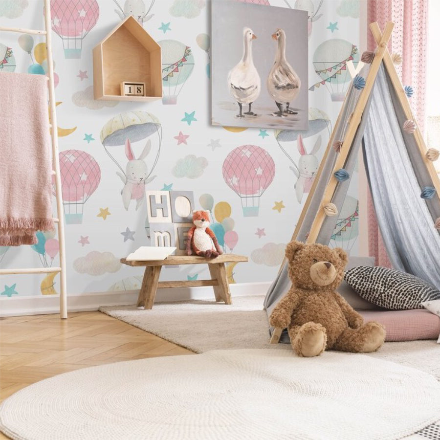 Papel Tapiz Autoadhesivo de Conejitos en Globos - Mural Infantil de Fantasía