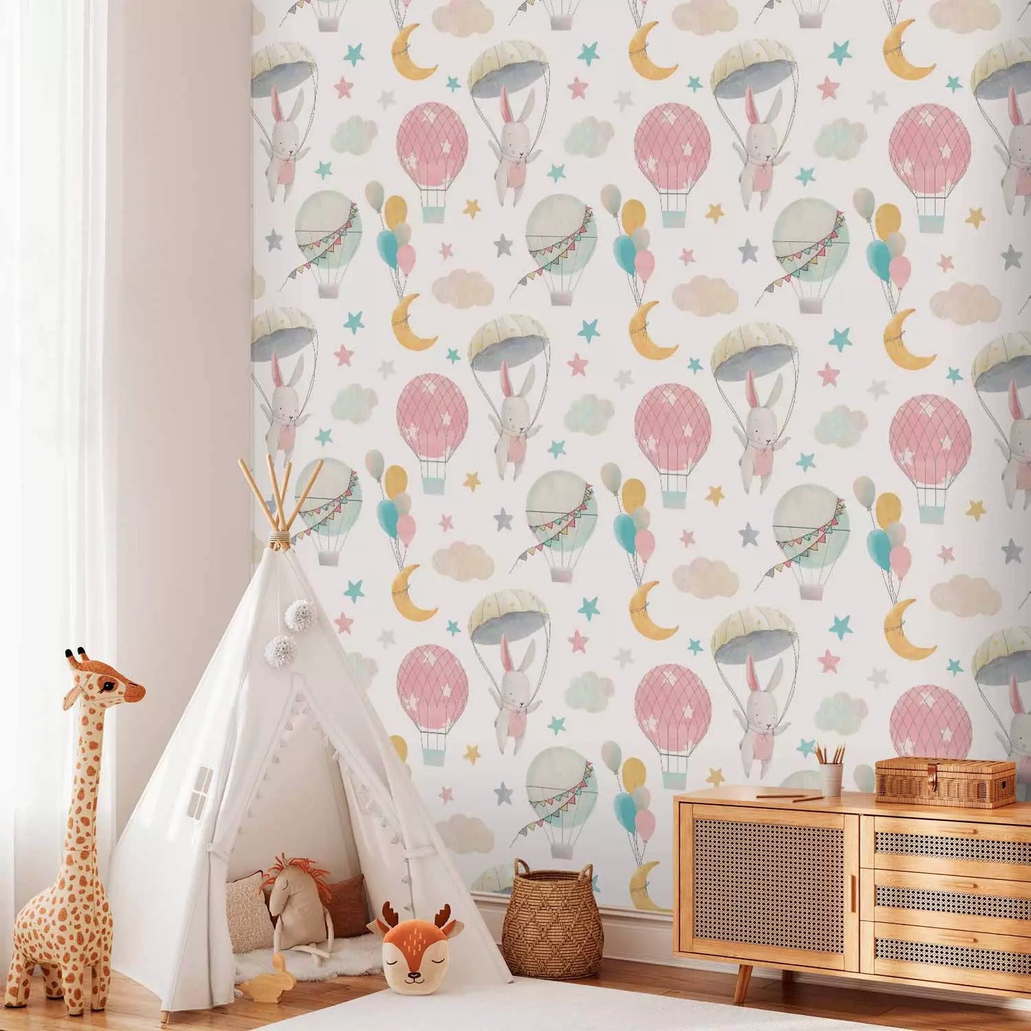 Papel Tapiz Autoadhesivo de Conejitos en Globos - Mural Infantil de Fantasía
