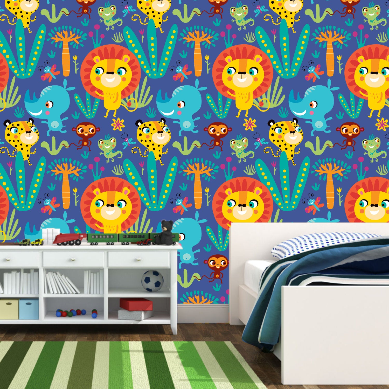 Papel Tapiz Autoadhesivo de Animales de la Selva - Mural Infantil Colorido