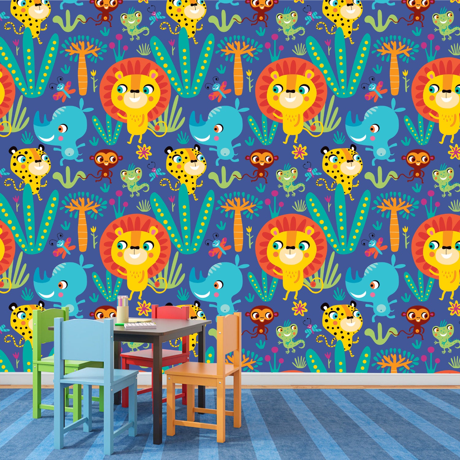 Papel Tapiz Autoadhesivo de Animales de la Selva - Mural Infantil Colorido