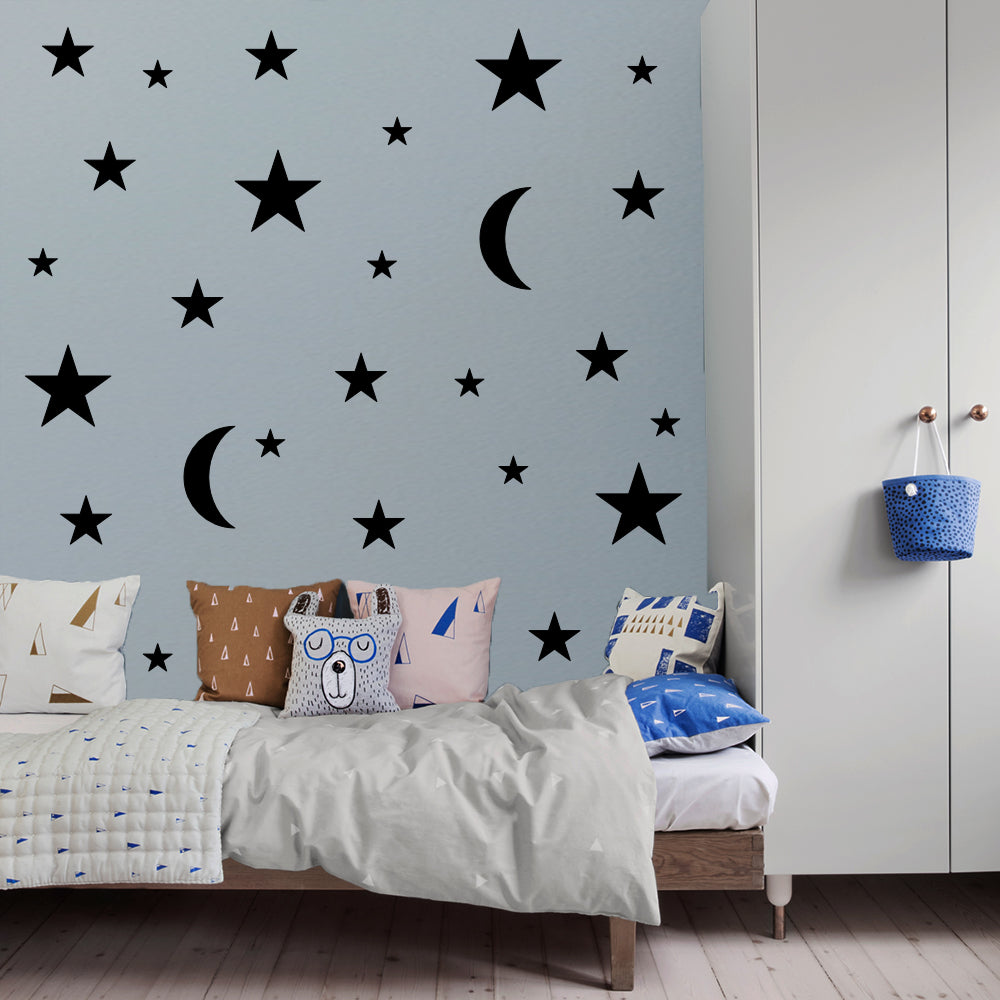 Vinilos Decorativos, Set 2 Luna + 18 Estrellas Negro 070